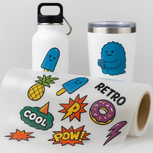 Impresión UV DTF por metro lineal, ejemplos de aplicaciones con calcos UV DTF para personalizar termos, vasos y más.