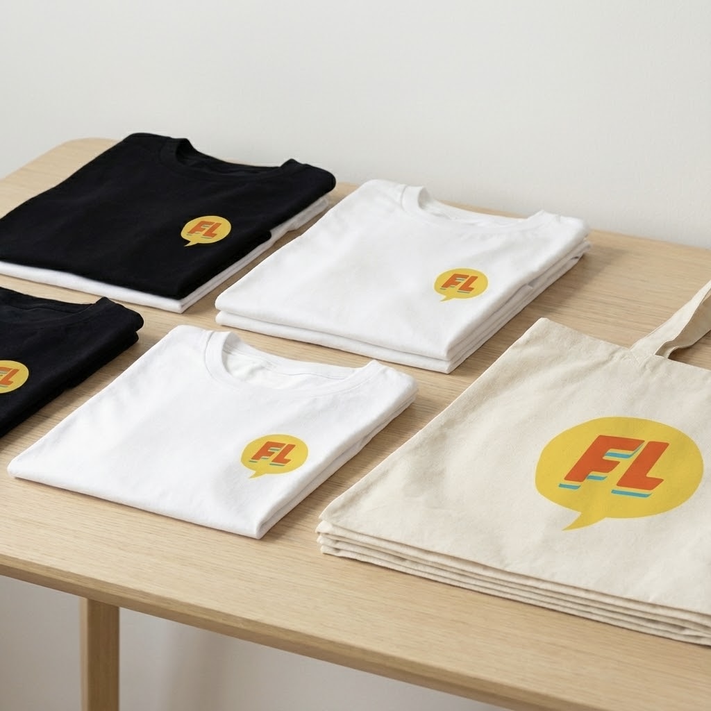 Remeras de algodón premium blancas y negras y tote bags de lienzo personalizadas con el logo de FL minimalista, merchandising corporativo de alta calidad.
