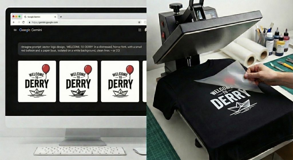 Comparativa de pantalla dividida: a la izquierda interfaz de IA Nano Banana mostrando diseño vectorial de Pennywise (It), a la derecha el resultado impreso en DTF sobre una remera negra siendo estampado.