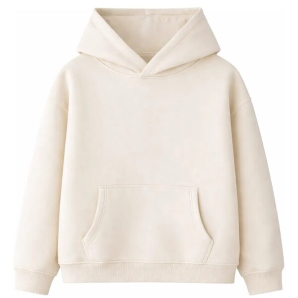 buzo oversize personalizado con dtf, color blanco off white (también conocido como beige, crema o blanco hueso), frisa invisible, algodón 100%, hecho en fl fábrica de ropa.